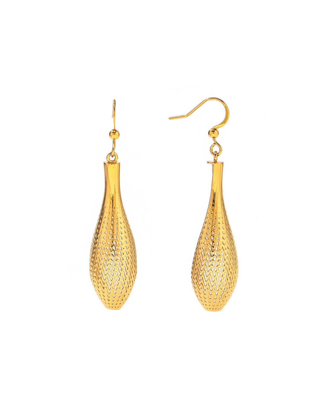 Gold-tone sculptural small drop earrings with a flowing lattice ridge surface tapering to a point