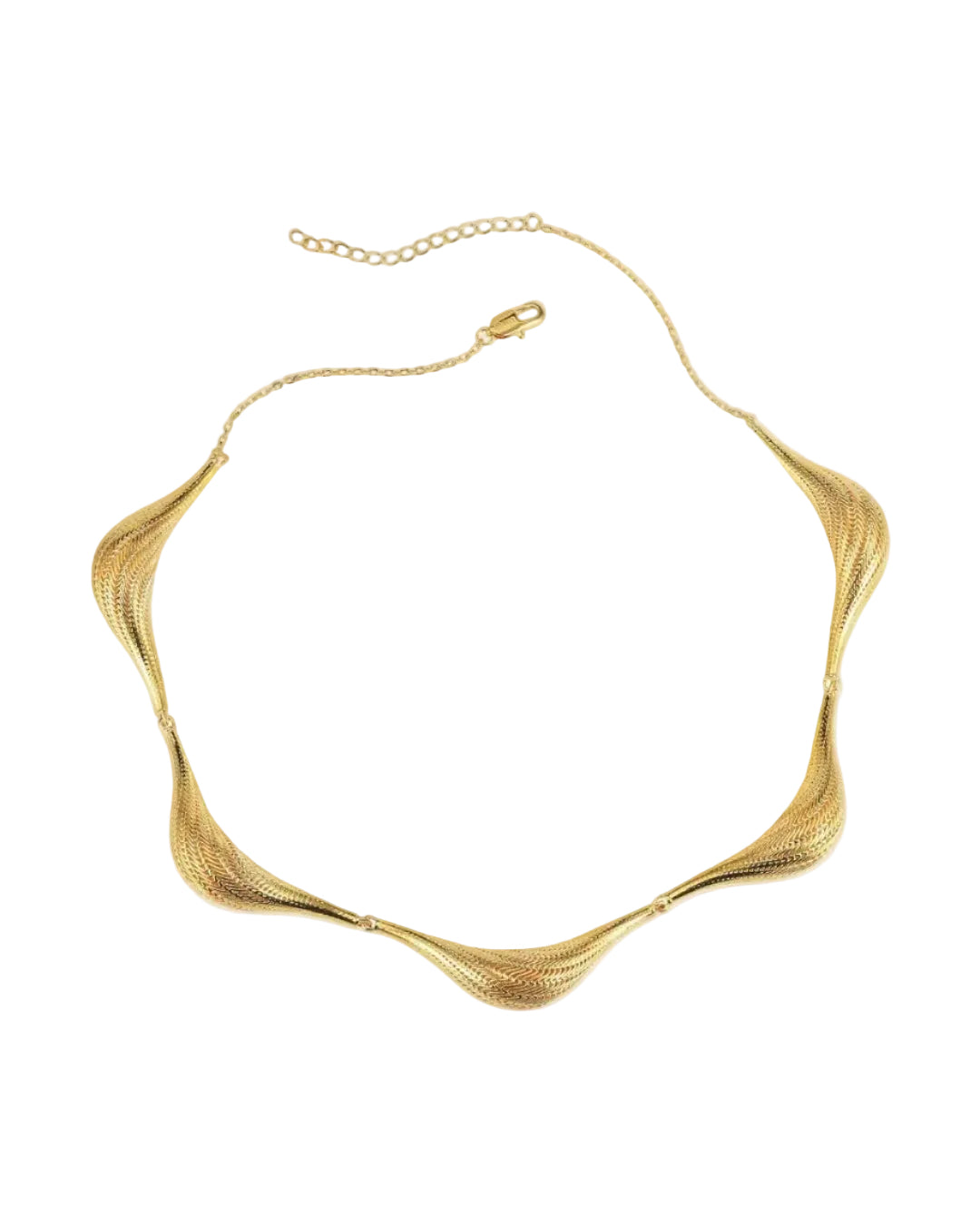 Gold sculptural pendant necklace with a flowing ridged form on a fine chain, Laminar Flow collection