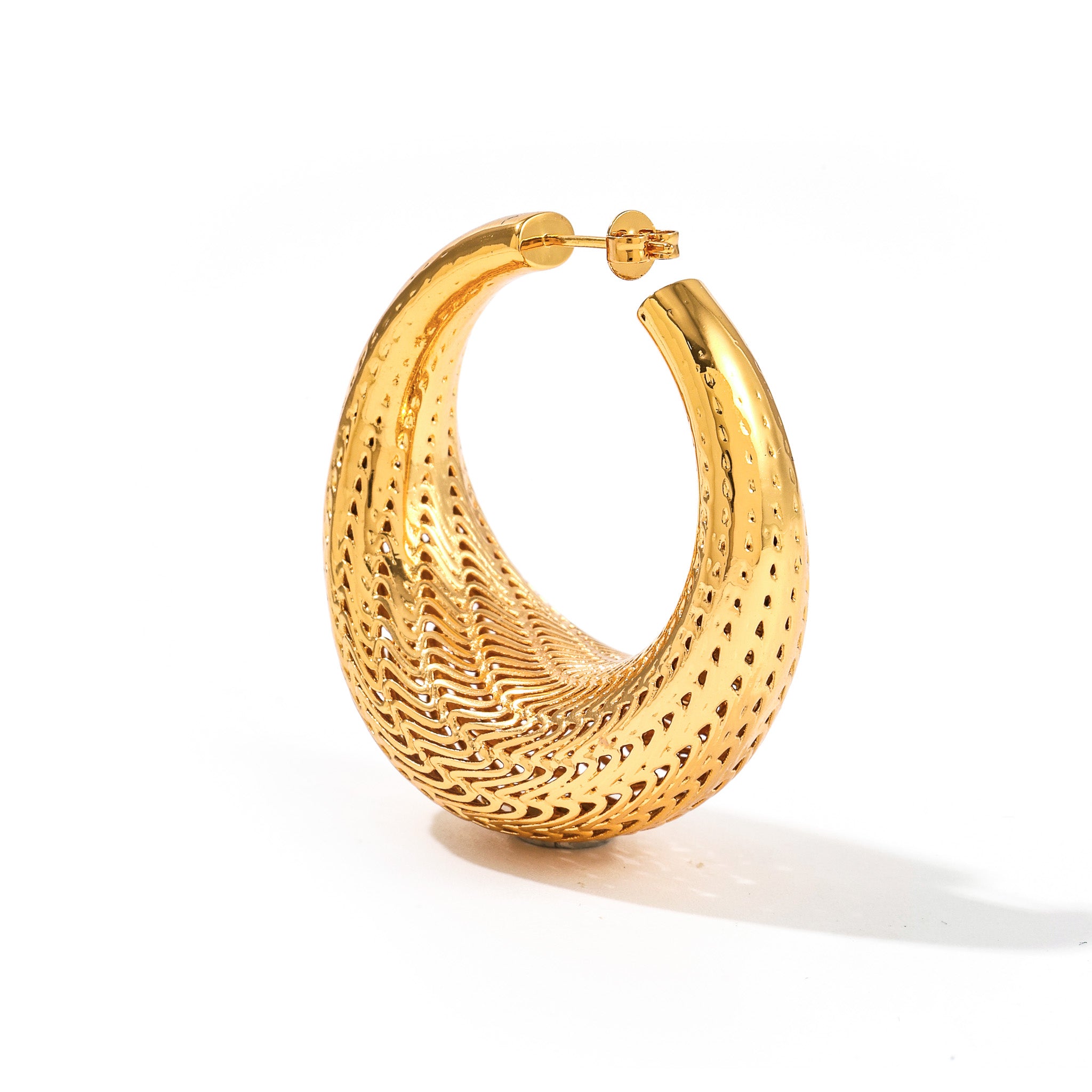 Large Sculptural 24k Gold hoop earrings on a white background back of the jewelry