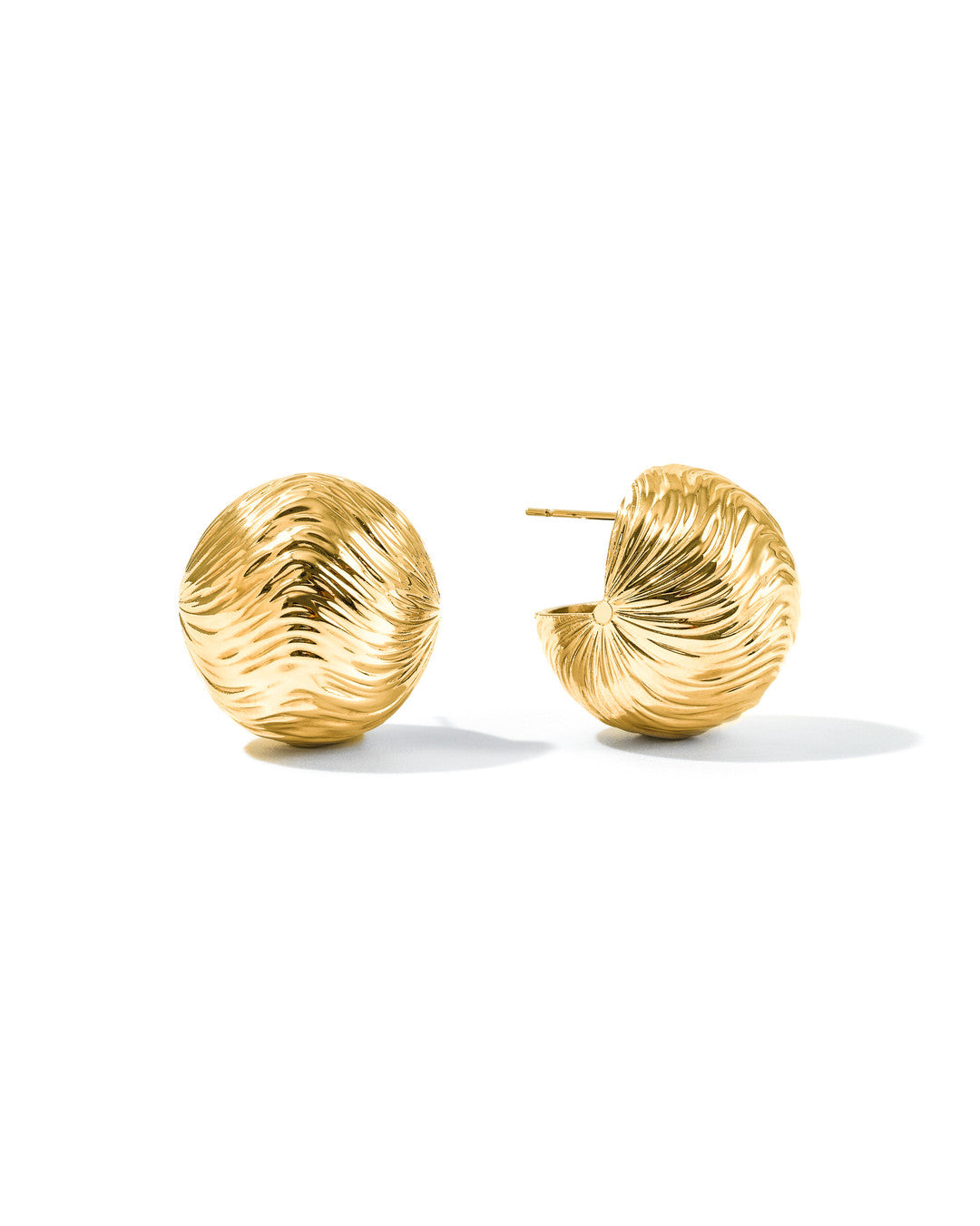 Gold Cascade ball stud earrings with a textured ripple dome surface, on white