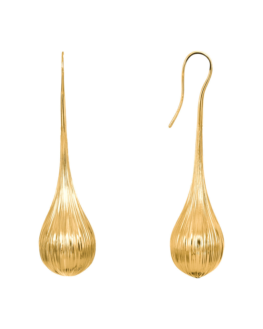 Gold Cascade drop earrings with cascading rhythmic ridges, on white
