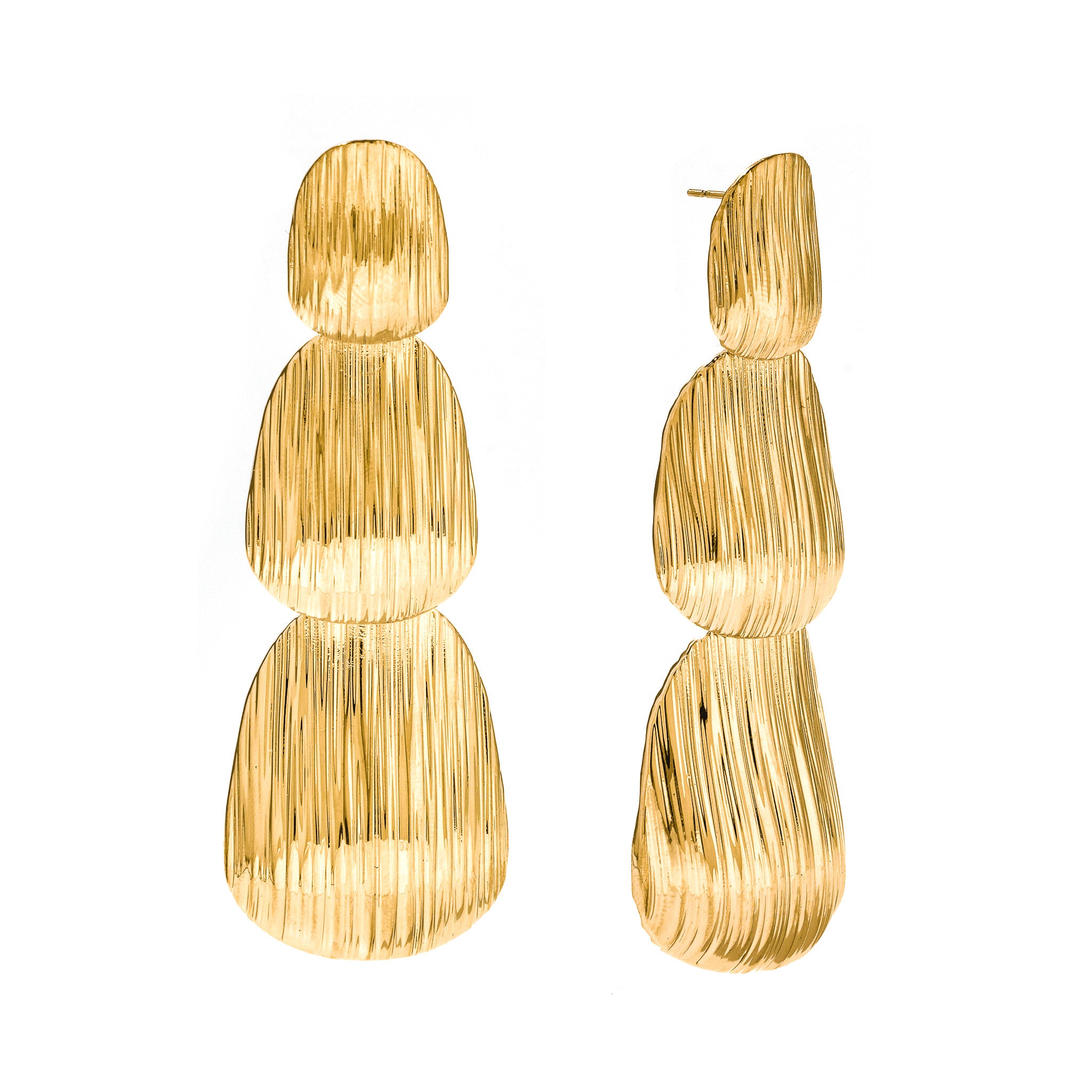 Gold Cascade layered earrings with stacked sculptural drops and textured surface, on white