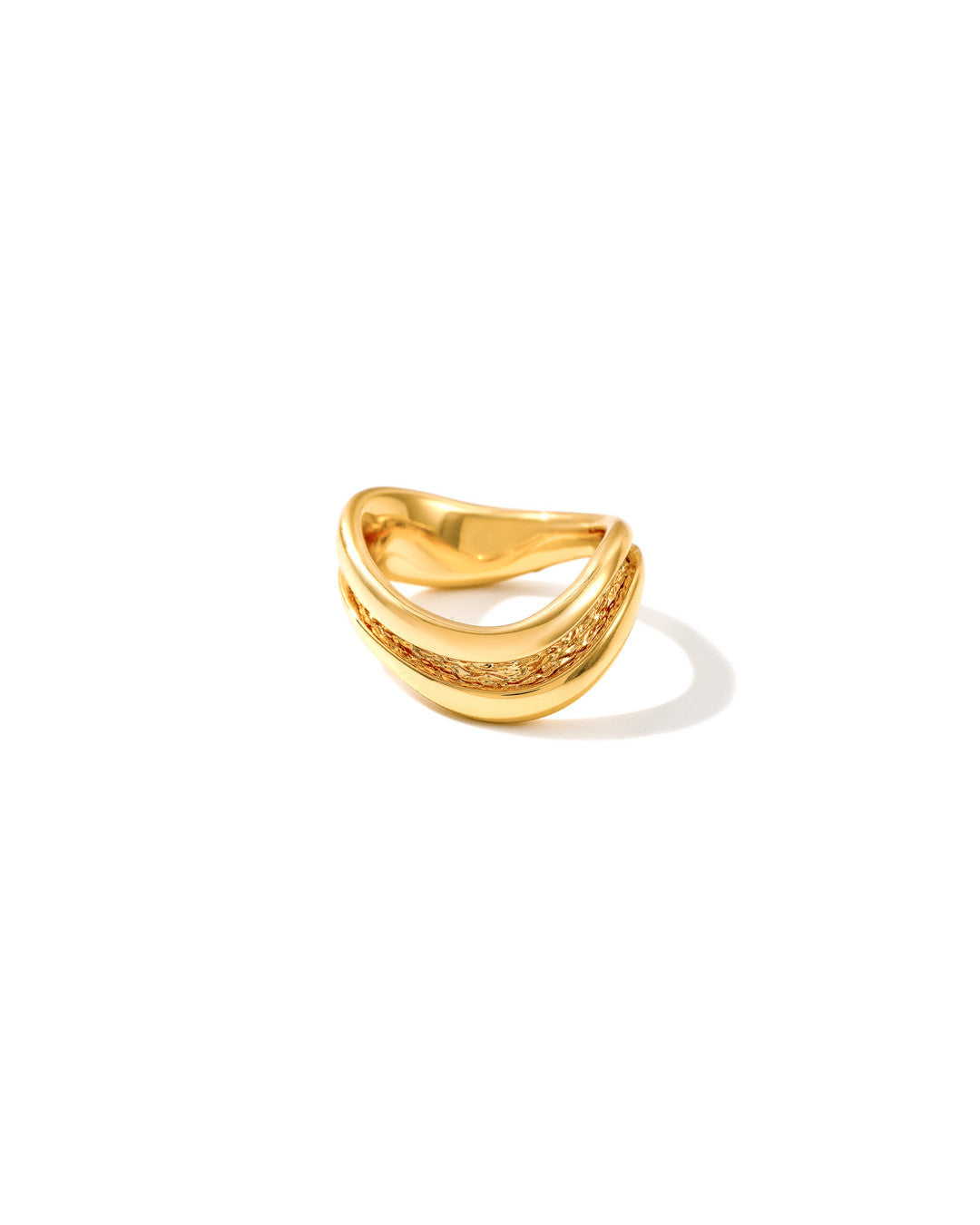 Thin gold stacking ring with a smooth outer surface and textured inner channel, Laminar Currents collection