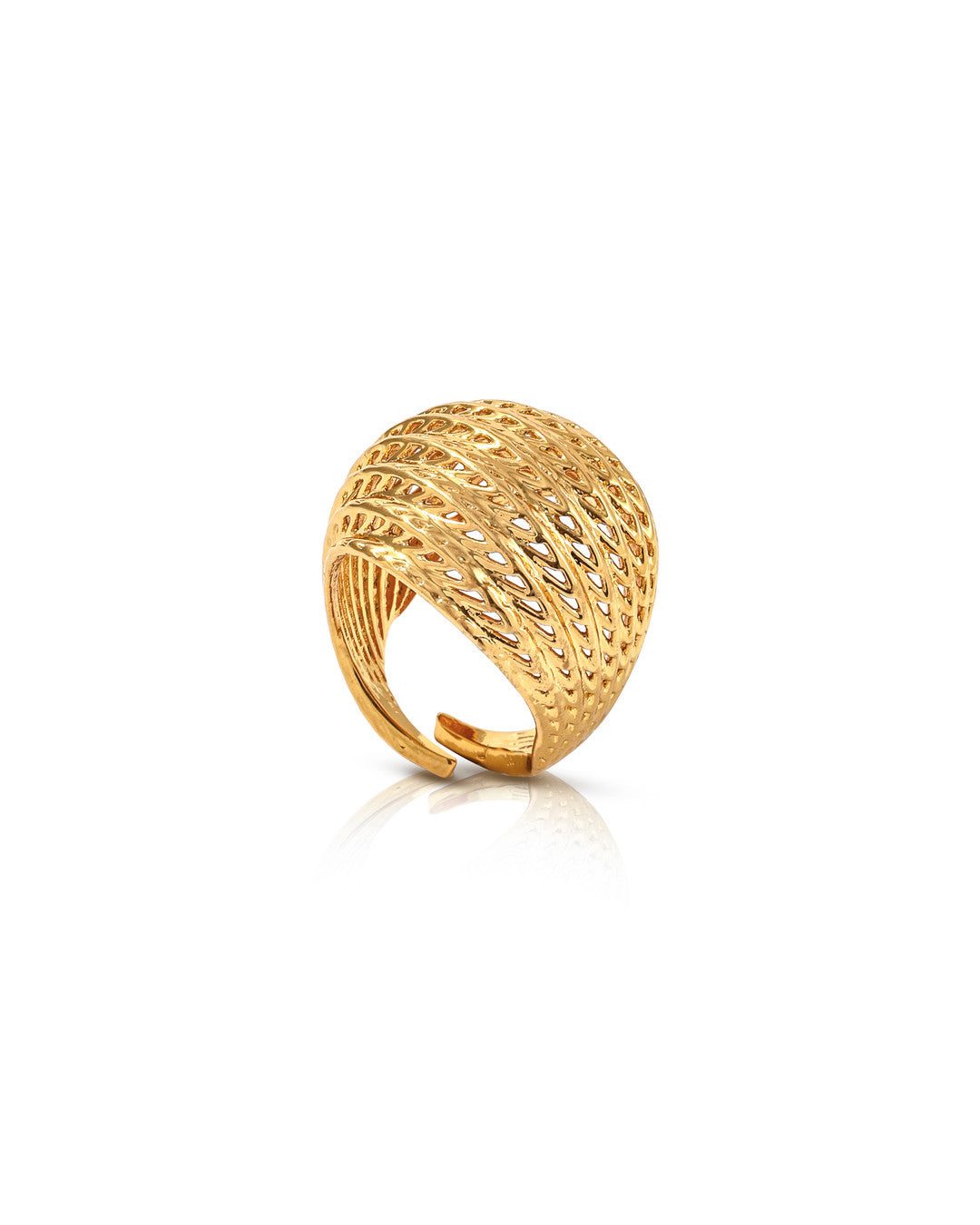 Gold Flow Ball Ring with sculptural flowing ridges forming an open dome, on white