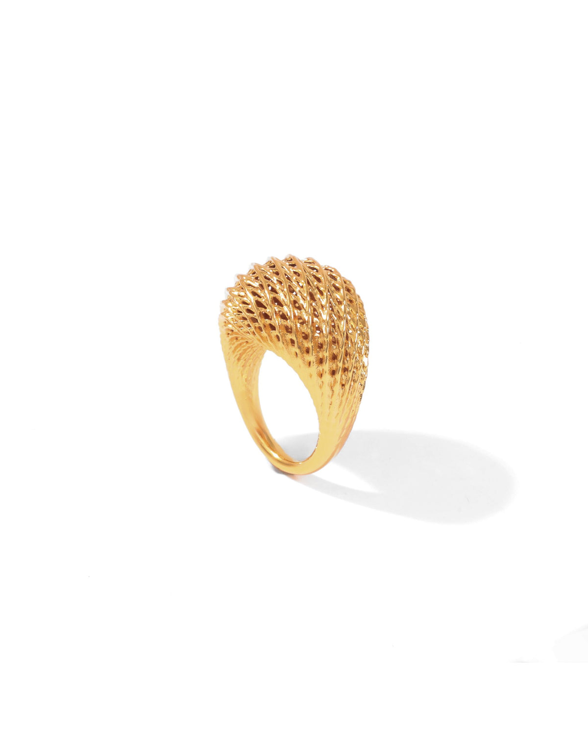 Gold Flow Edgy Dome Ring with sharp rippling ridges across a domed form, on white