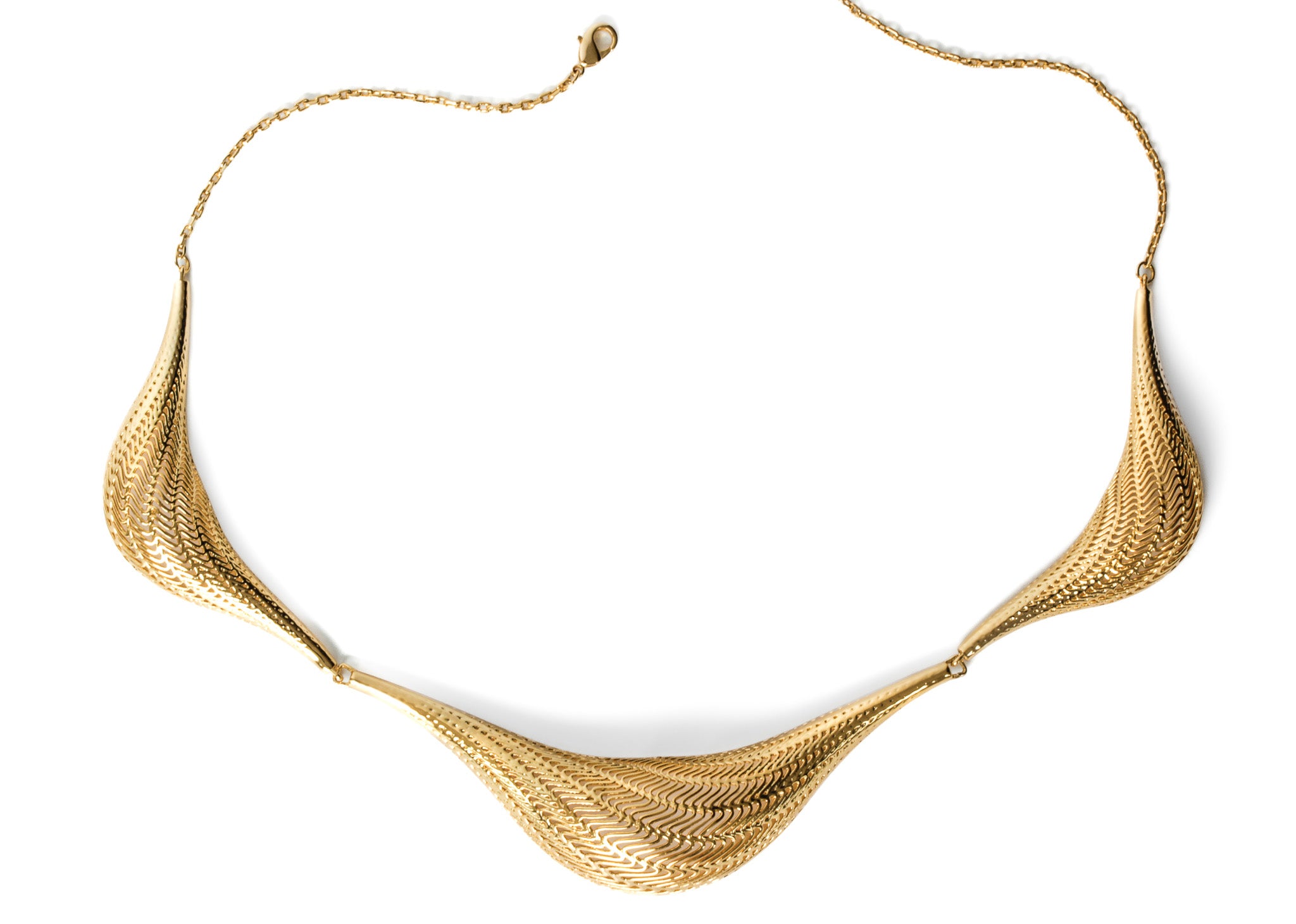 Gold Flow Large statement necklace with intricate sculptural form across the neckline, on white