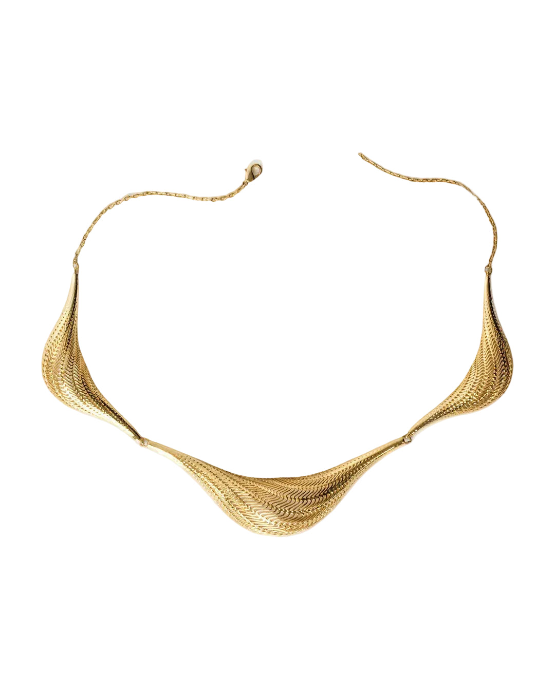 Gold Flow Large statement necklace with intricate sculptural form across the neckline, on white