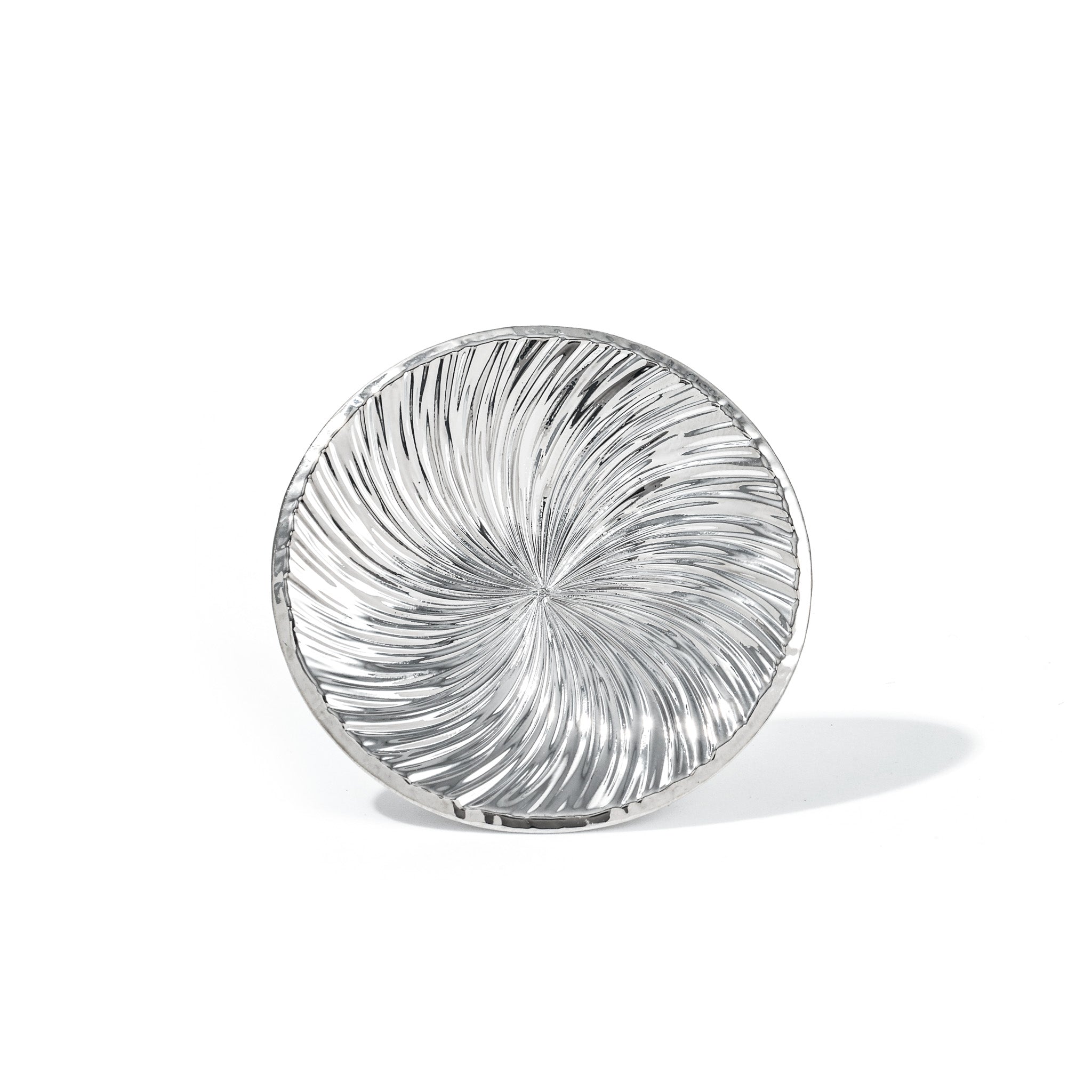 concave statement ring with radial vortex texture in polished metal
