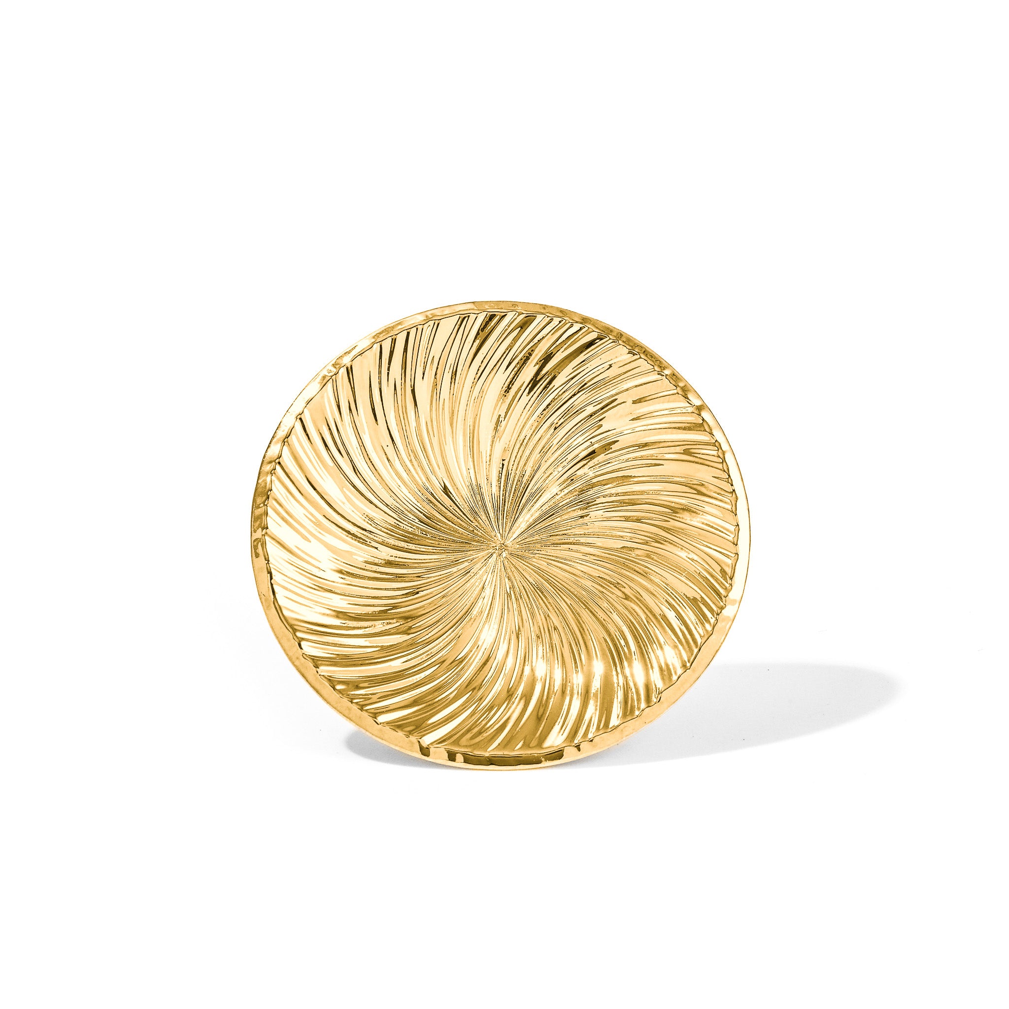 Gold Vortex Ring with a concave radial carved vortex texture, on white
