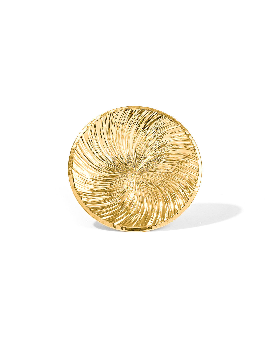 Gold Vortex Ring with a concave radial carved vortex texture, on white