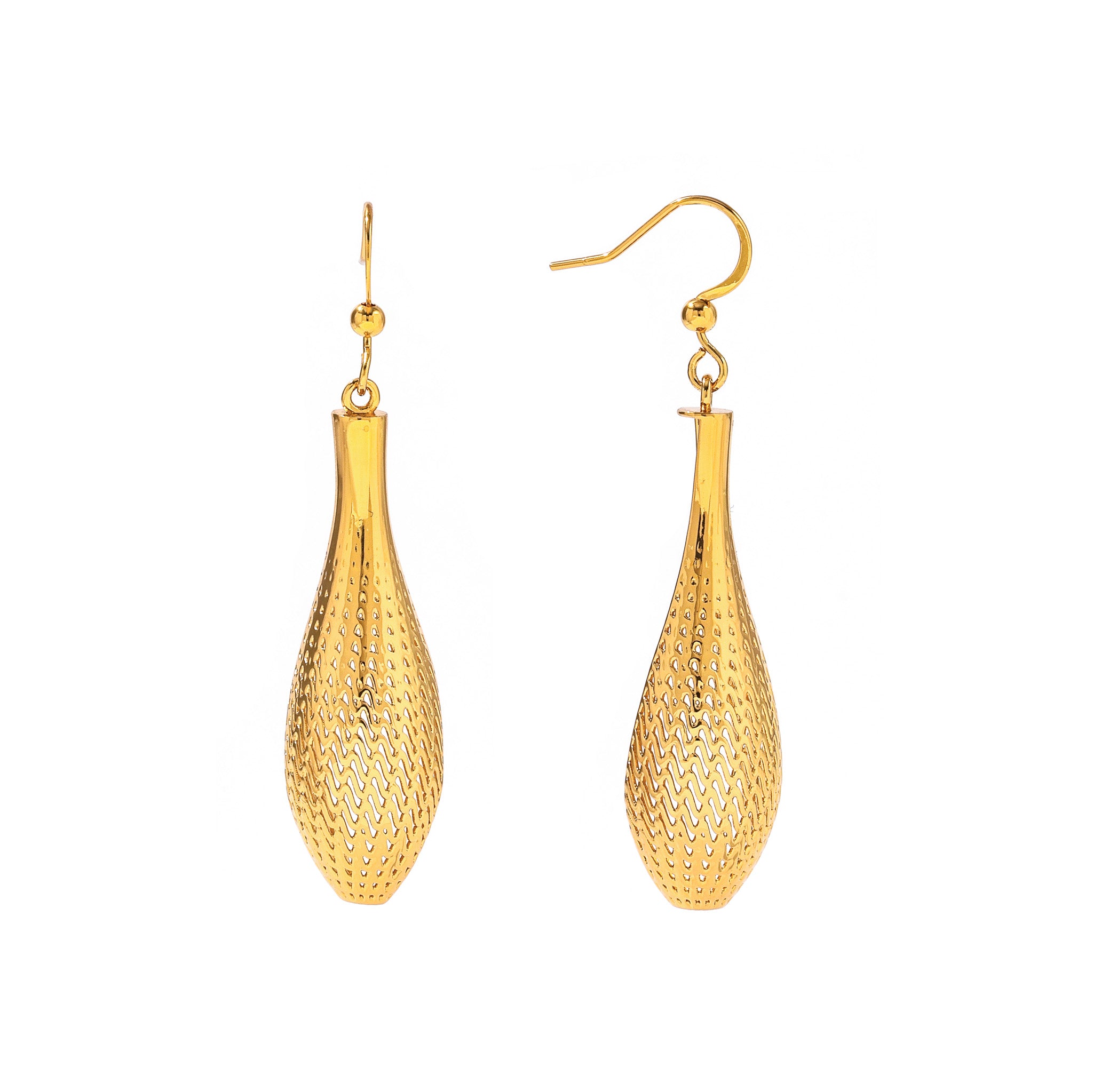 small tapered drop earrings with flowing lattice surface, gold-tone.