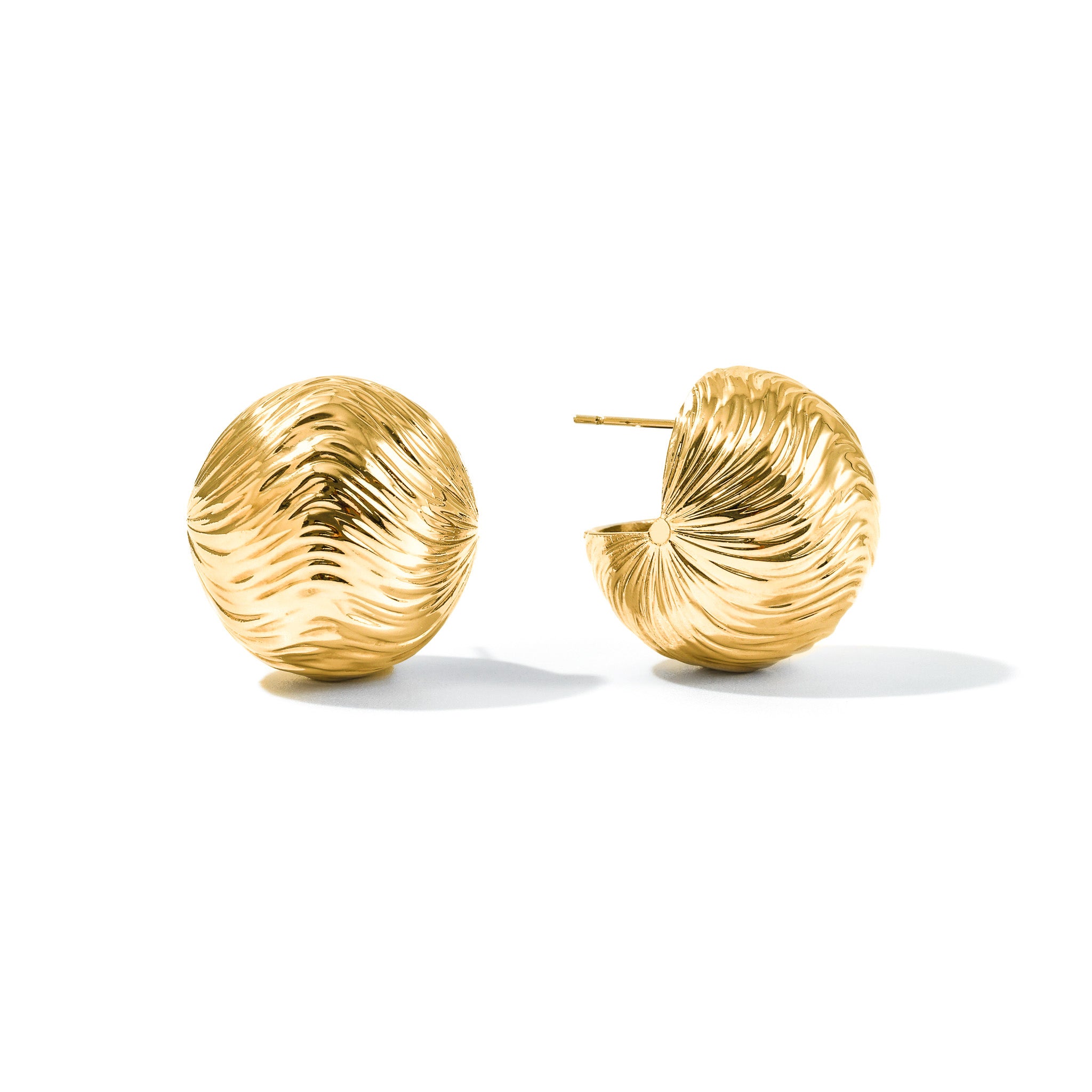 Gold Cascade ball stud earrings with a textured ripple dome surface, on white