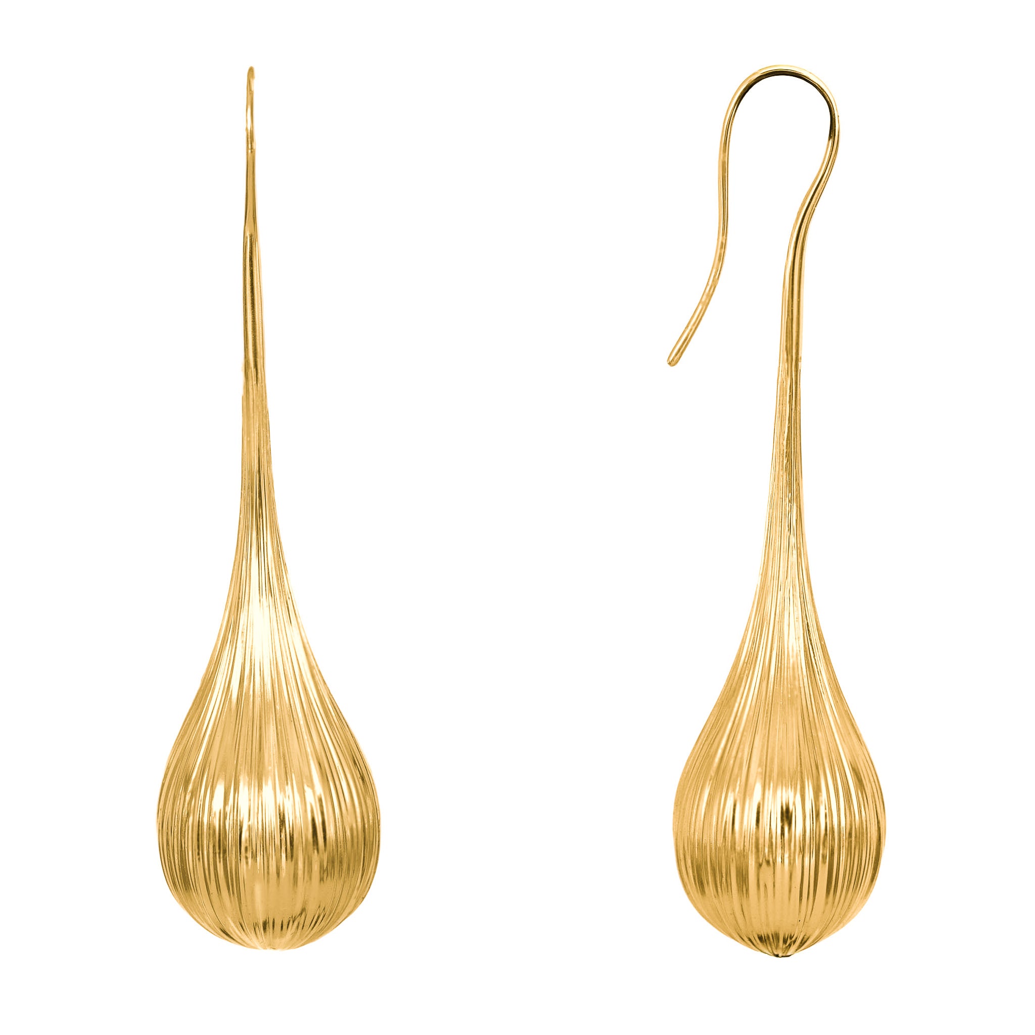 Gold Cascade drop earrings with cascading rhythmic ridges, on white