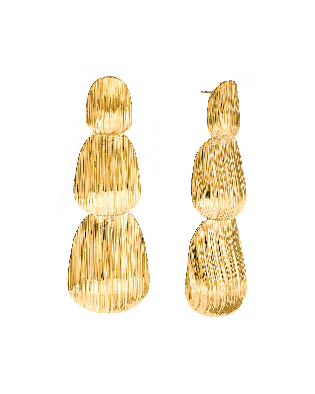 Gold Cascade layered earrings with stacked sculptural drops and textured surface, on white