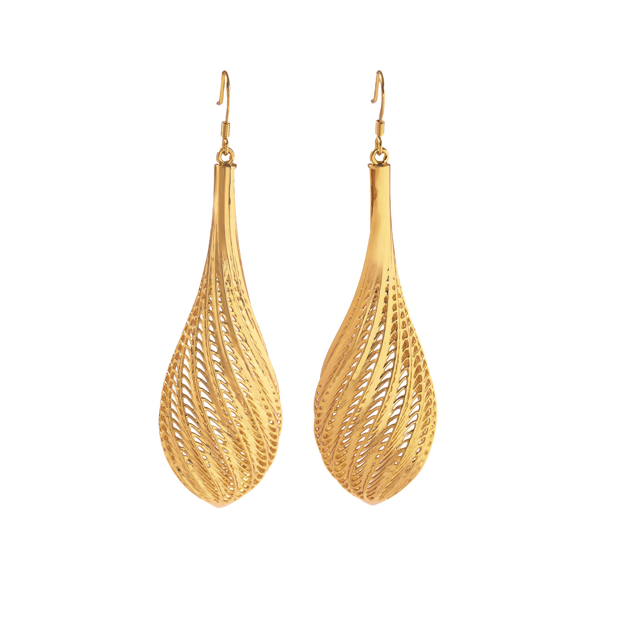 Large gold Flow drop earrings with an open lattice sculptural silhouette, on white